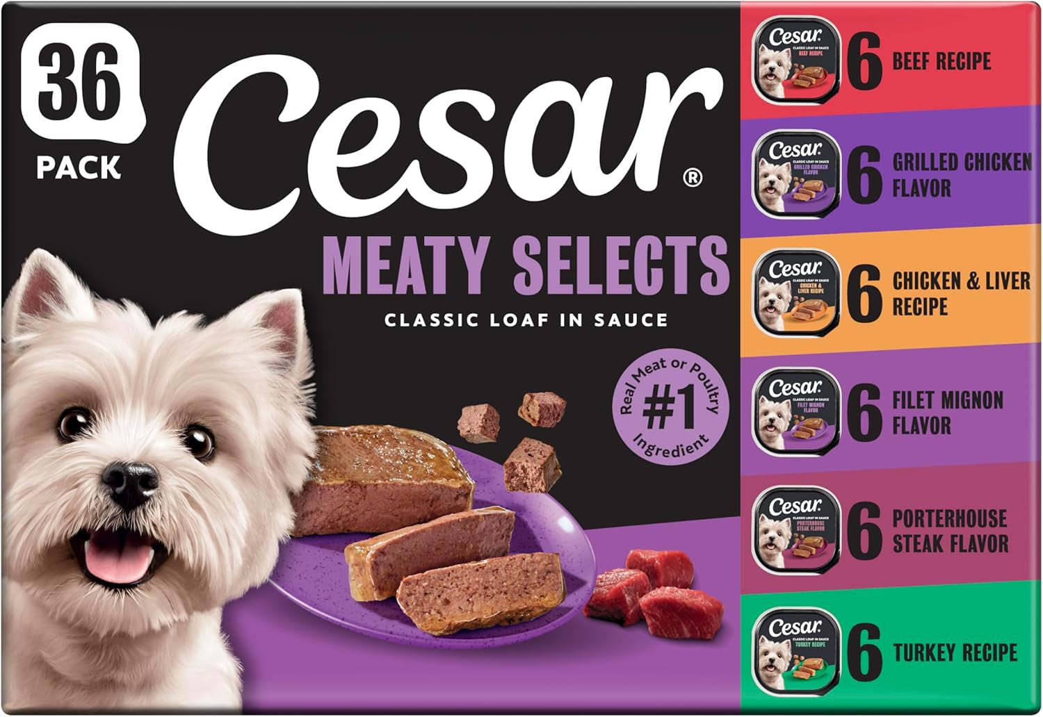 Wet Dog Food Classic Loaf in Sauce Grilled Chicken, Filet Mignon, Porterhouse Steak, Beef, Chicken & Liver and Turkey Variety Pack 3.5 Oz. Easy Peel Trays (36 Count, Pack of 1)