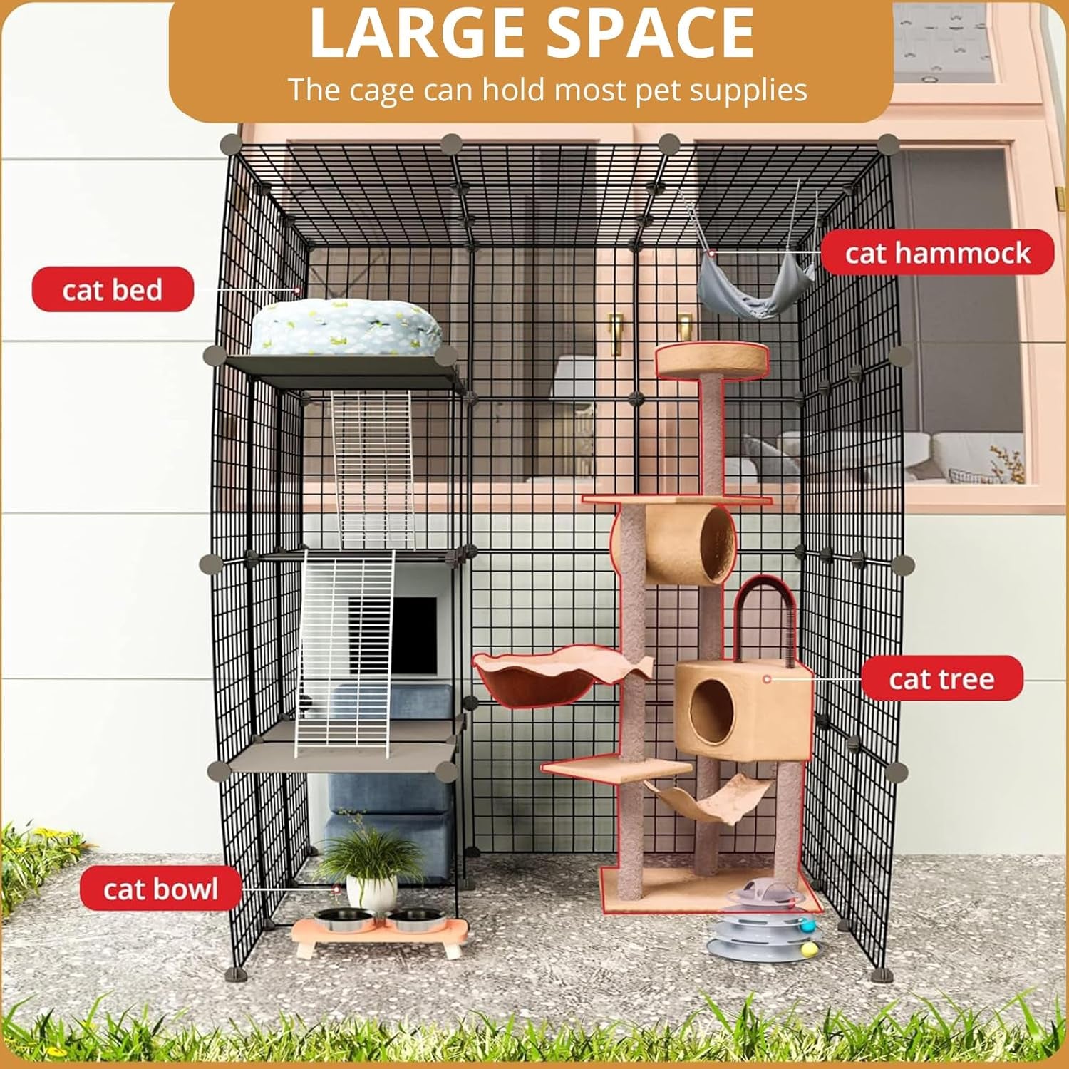 55 Inch Catio Outdoor Cat Enclosure with Super Large Enter Door, Balcony Cat Playpen with Platforms,Diy outside Cat Patio Large Exercise Place Ideal for 1-3 Cats