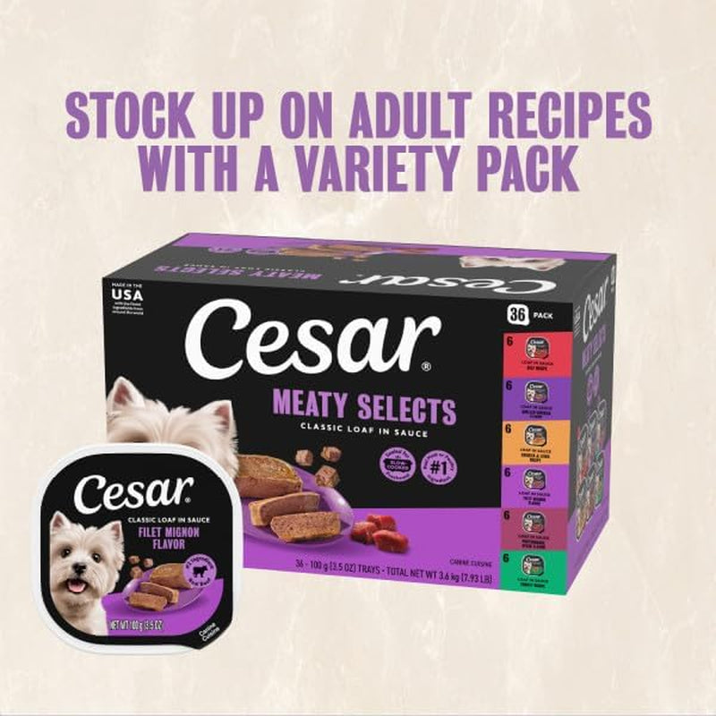 Wet Dog Food Classic Loaf in Sauce Grilled Chicken, Filet Mignon, Porterhouse Steak, Beef, Chicken & Liver and Turkey Variety Pack 3.5 Oz. Easy Peel Trays (36 Count, Pack of 1)