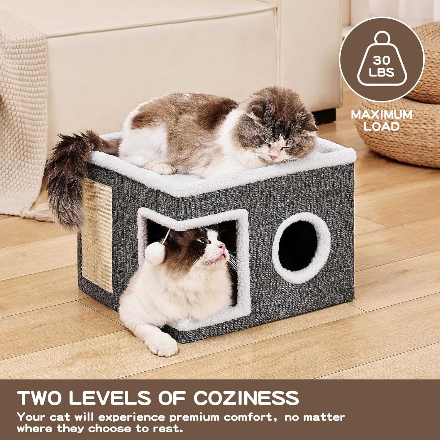 Cat Beds for Indoor Cats, Large Cat Cave with Fluffy Ball and Scratch Pad, Foldable Cat Scratch House with Hideaway Condo for Kitten,16X16X13Inch,Grey