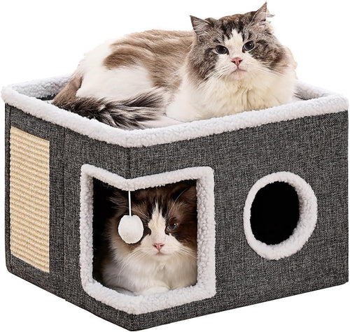 Cat Beds for Indoor Cats, Large Cat Cave with Fluffy Ball and Scratch Pad, Foldable Cat Scratch House with Hideaway Condo for Kitten,16X16X13Inch,Grey