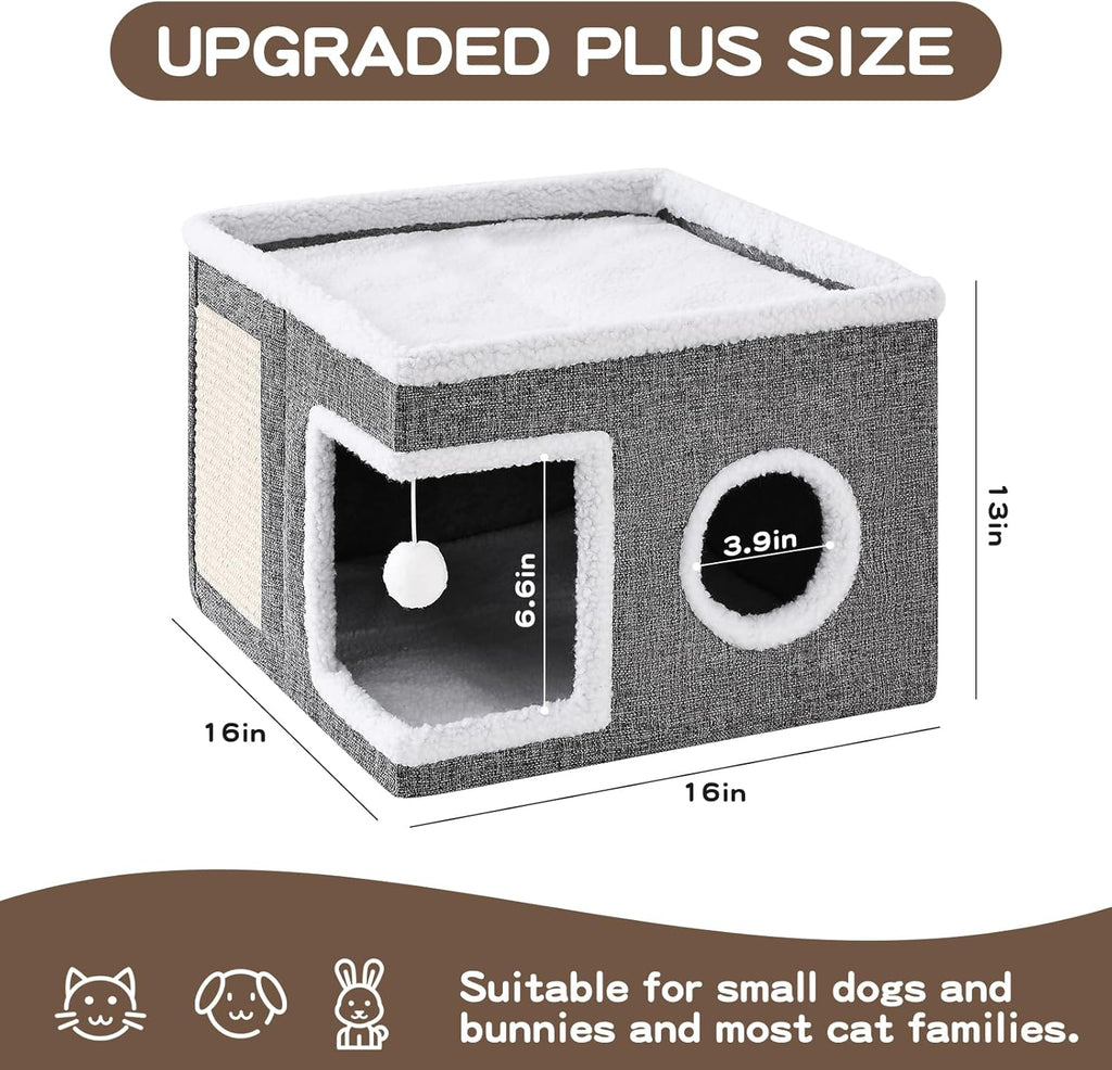 Cat Beds for Indoor Cats, Large Cat Cave with Fluffy Ball and Scratch Pad, Foldable Cat Scratch House with Hideaway Condo for Kitten,16X16X13Inch,Grey