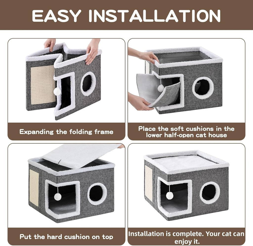 Cat Beds for Indoor Cats, Large Cat Cave with Fluffy Ball and Scratch Pad, Foldable Cat Scratch House with Hideaway Condo for Kitten,16X16X13Inch,Grey