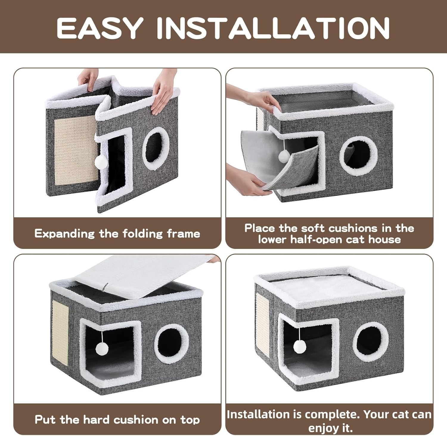 Cat Beds for Indoor Cats, Large Cat Cave with Fluffy Ball and Scratch Pad, Foldable Cat Scratch House with Hideaway Condo for Kitten,16X16X13Inch,Grey
