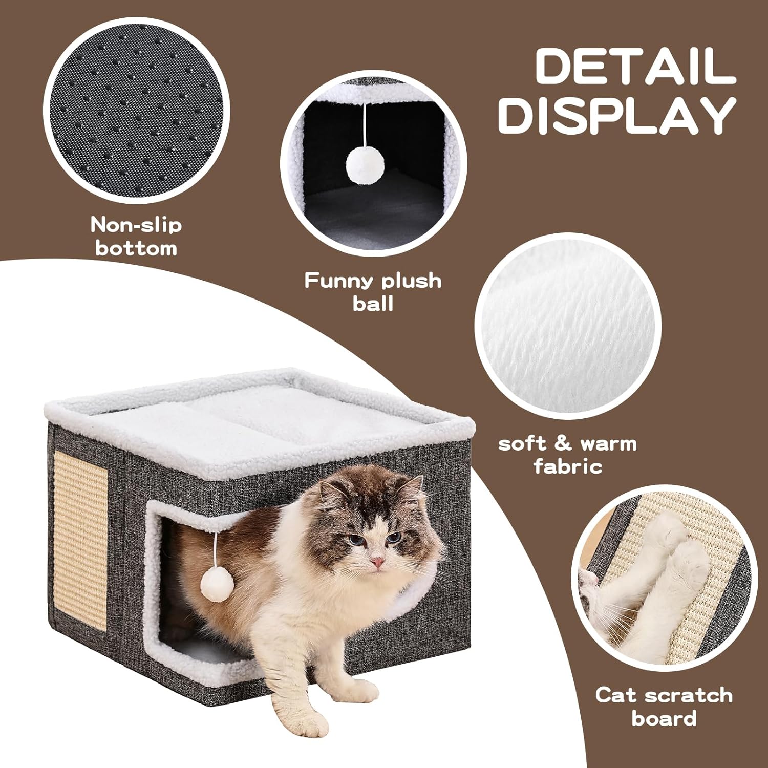 Cat Beds for Indoor Cats, Large Cat Cave with Fluffy Ball and Scratch Pad, Foldable Cat Scratch House with Hideaway Condo for Kitten,16X16X13Inch,Grey