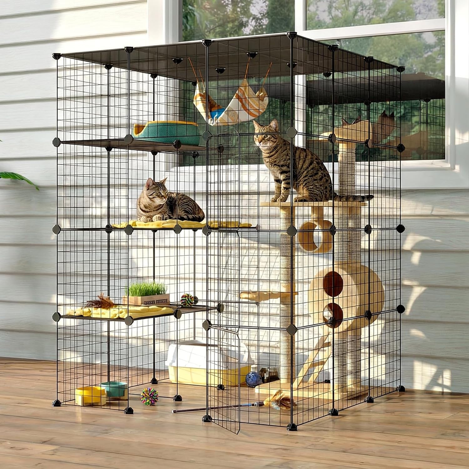 55 Inch Catio Outdoor Cat Enclosure with Super Large Enter Door, Balcony Cat Playpen with Platforms,Diy outside Cat Patio Large Exercise Place Ideal for 1-3 Cats